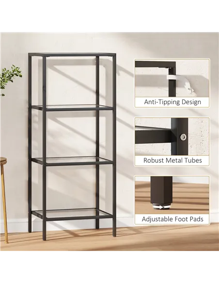 HOMCOM 4-Tier Shelving Unit, Glass Shelf, Vertical Storage Shelf for Living Room, Home Office, Bedroom, Bathroom, Black