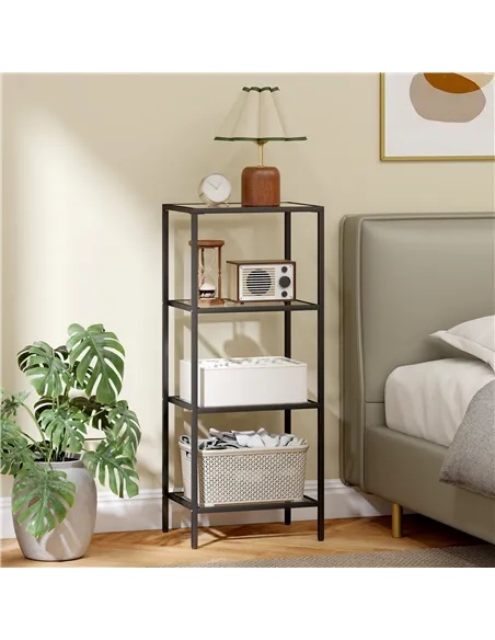 HOMCOM 4-Tier Shelving Unit, Glass Shelf, Vertical Storage Shelf for Living Room, Home Office, Bedroom, Bathroom, Black