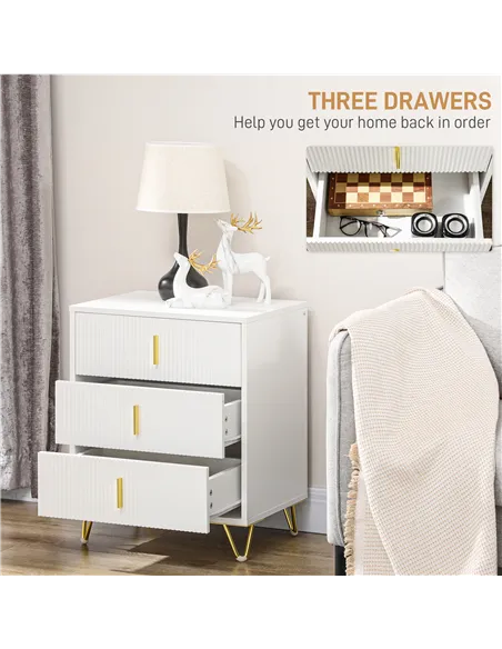HOMCOM Set of 2 Elegant Chest of Three Drawers - White/Gold-Tone