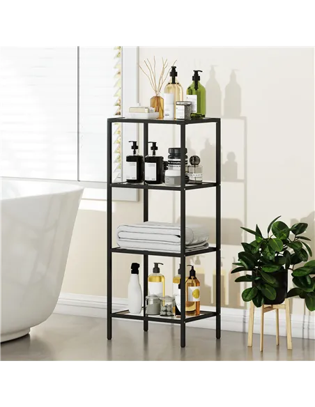 HOMCOM 4-Tier Shelving Unit, Glass Shelf, Vertical Storage Shelf for Living Room, Home Office, Bedroom, Bathroom, Black