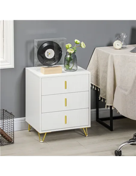 HOMCOM Set of 2 Elegant Chest of Three Drawers - White/Gold-Tone
