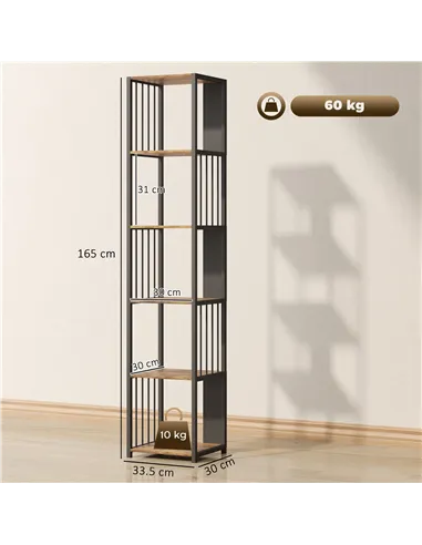 HOMCOM 5-Tier Bookshelf with Steel Frame - Rustic Brown