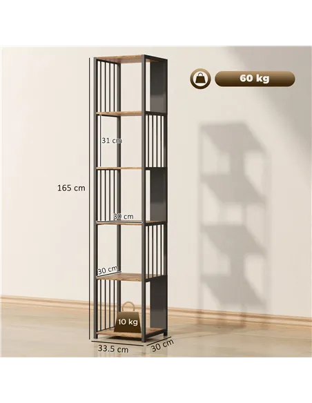 HOMCOM 5-Tier Bookshelf with Steel Frame - Rustic Brown