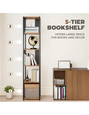 HOMCOM 5-Tier Bookshelf with Steel Frame - Rustic Brown