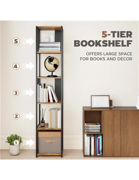 HOMCOM 5-Tier Bookshelf with Steel Frame - Rustic Brown