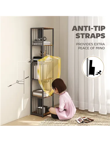 HOMCOM 5-Tier Bookshelf with Steel Frame - Rustic Brown