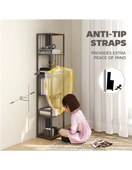 HOMCOM 5-Tier Bookshelf with Steel Frame - Rustic Brown