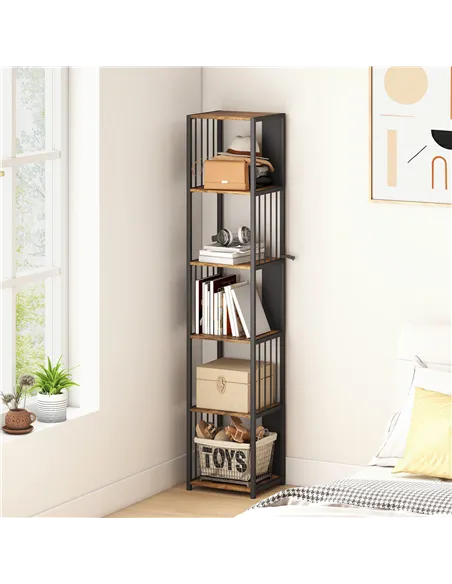 HOMCOM 5-Tier Bookshelf with Steel Frame - Rustic Brown