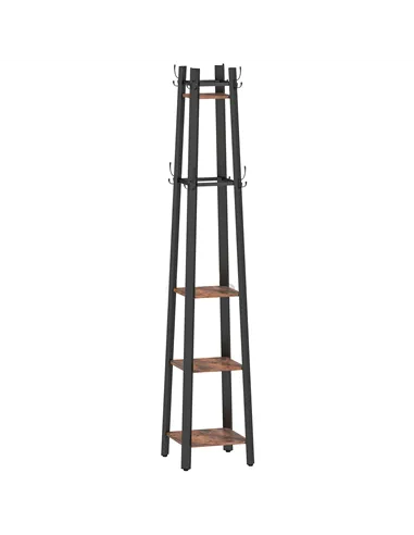 HOMCOM Industrial-Style Four Shelf Coat Stand - Brown/Black