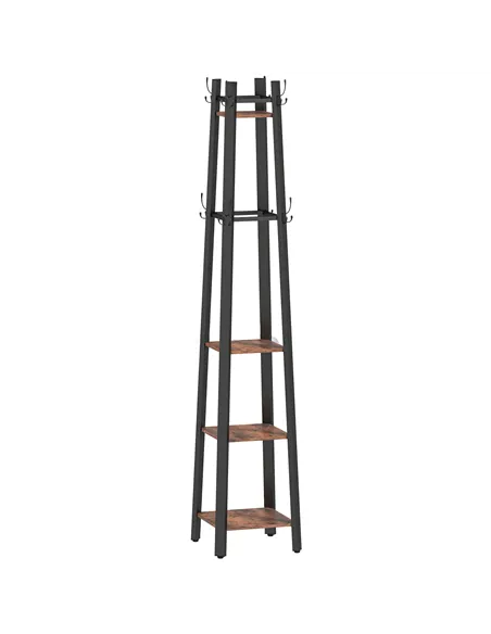 HOMCOM Industrial-Style Four Shelf Coat Stand - Brown/Black