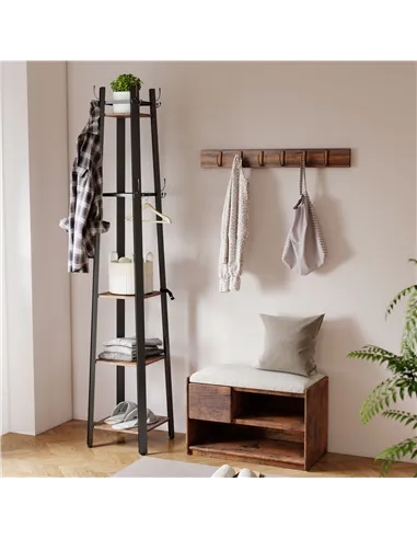 HOMCOM Industrial-Style Four Shelf Coat Stand - Brown/Black