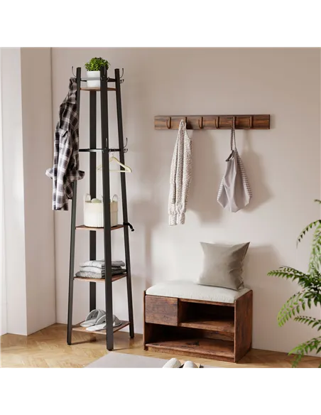 HOMCOM Industrial-Style Four Shelf Coat Stand - Brown/Black