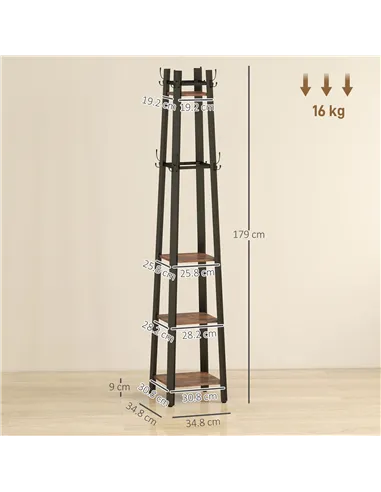 HOMCOM Industrial-Style Four Shelf Coat Stand - Brown/Black