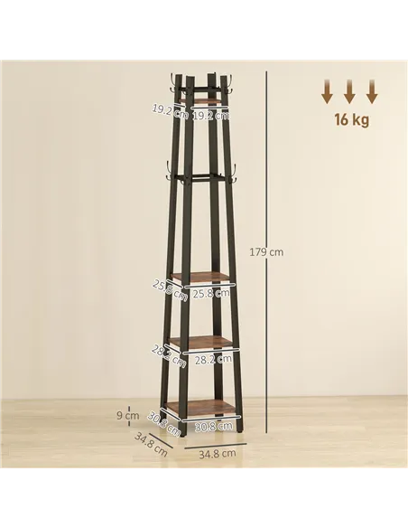 HOMCOM Industrial-Style Four Shelf Coat Stand - Brown/Black