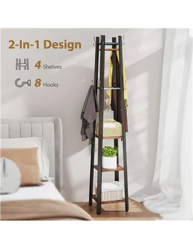 HOMCOM Industrial-Style Four Shelf Coat Stand - Brown/Black