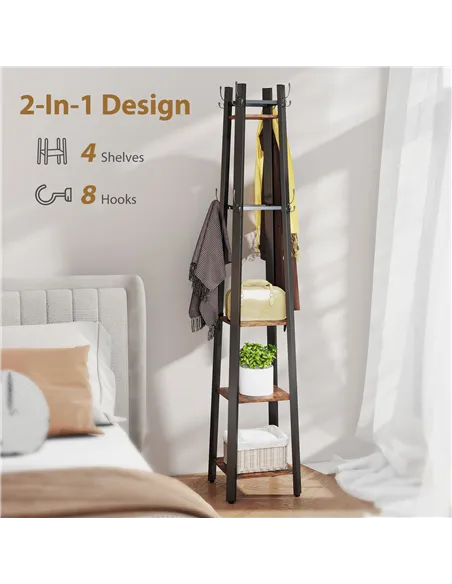 HOMCOM Industrial-Style Four Shelf Coat Stand - Brown/Black
