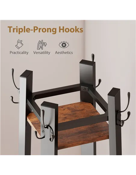 HOMCOM Industrial-Style Four Shelf Coat Stand - Brown/Black
