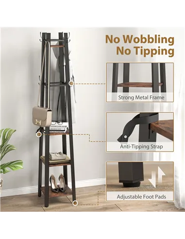 HOMCOM Industrial-Style Four Shelf Coat Stand - Brown/Black