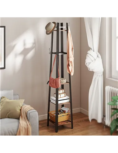 HOMCOM Industrial-Style Four Shelf Coat Stand - Brown/Black
