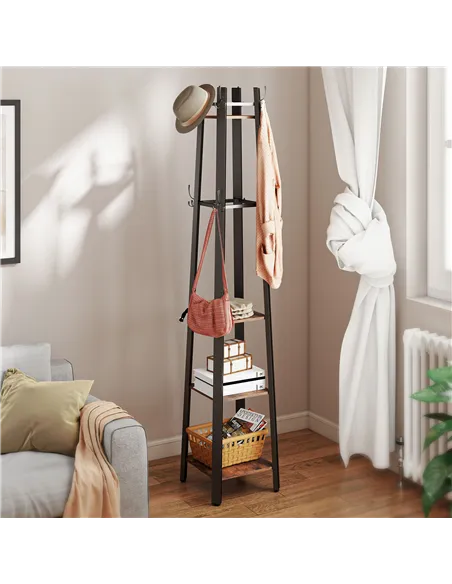 HOMCOM Industrial-Style Four Shelf Coat Stand - Brown/Black