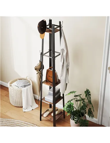 HOMCOM Industrial-Style Four Shelf Coat Stand - Brown/Black