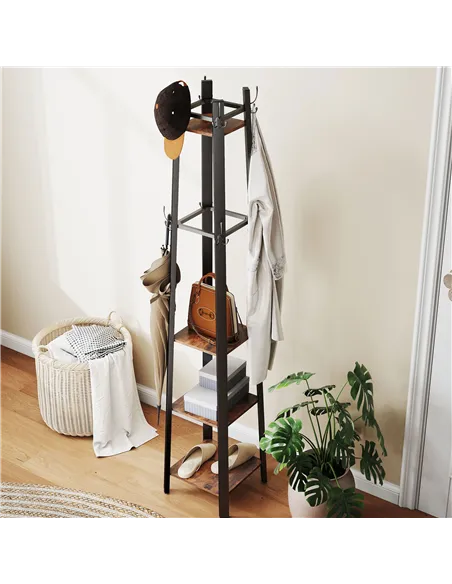HOMCOM Industrial-Style Four Shelf Coat Stand - Brown/Black