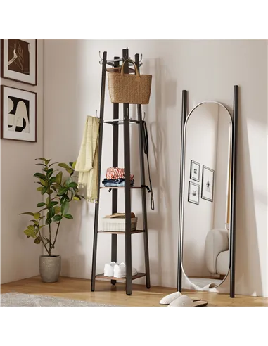 HOMCOM Industrial-Style Four Shelf Coat Stand - Brown/Black