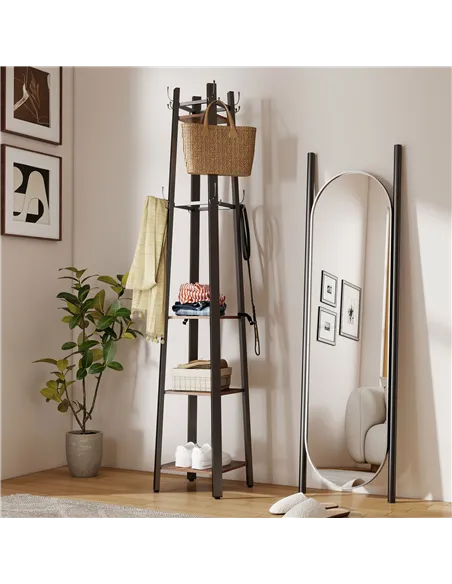 HOMCOM Industrial-Style Four Shelf Coat Stand - Brown/Black