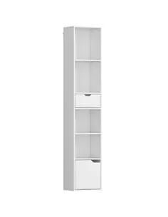 HOMCOM 6-Tier Bookcase, Tall Narrow Bookshelf with Drawer and Door - White