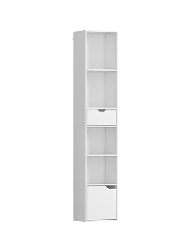HOMCOM 6-Tier Bookcase, Tall Narrow Bookshelf with Drawer and Door - White