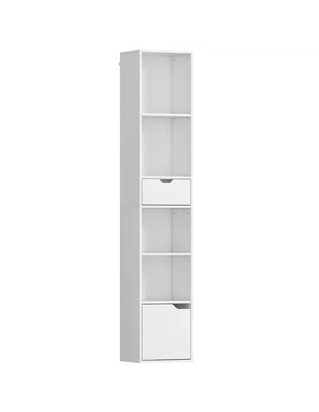HOMCOM 6-Tier Bookcase, Tall Narrow Bookshelf with Drawer and Door - White