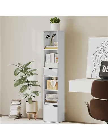 HOMCOM 6-Tier Bookcase, Tall Narrow Bookshelf with Drawer and Door - White