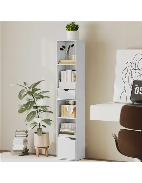 HOMCOM 6-Tier Bookcase, Tall Narrow Bookshelf with Drawer and Door - White