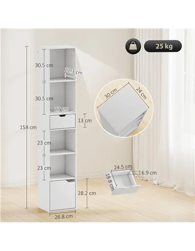 HOMCOM 6-Tier Bookcase, Tall Narrow Bookshelf with Drawer and Door - White