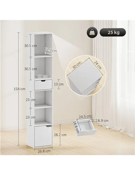 HOMCOM 6-Tier Bookcase, Tall Narrow Bookshelf with Drawer and Door - White