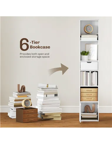 HOMCOM 6-Tier Bookcase, Tall Narrow Bookshelf with Drawer and Door - White