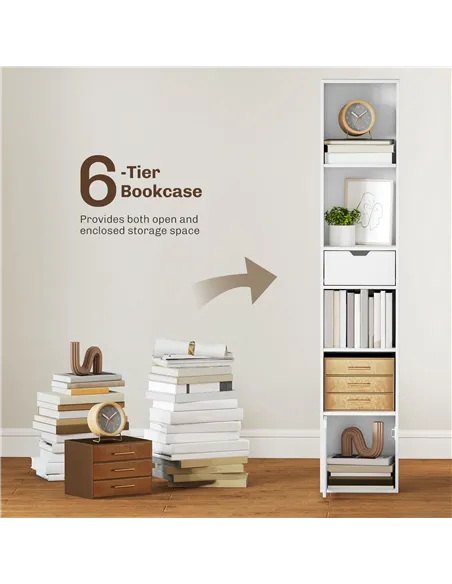 HOMCOM 6-Tier Bookcase, Tall Narrow Bookshelf with Drawer and Door - White