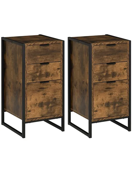 HOMCOM Bedroom Chest of Drawers Set of 2, Industrial 3-Drawer Dresser, Storage Drawers Unit with Metal Frame for Living Room, Ru