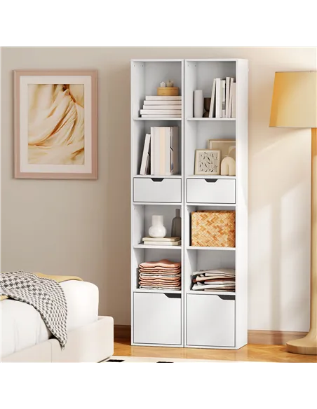 HOMCOM 6-Tier Bookcase, Tall Narrow Bookshelf with Drawer and Door - White