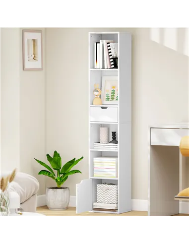 HOMCOM 6-Tier Bookcase, Tall Narrow Bookshelf with Drawer and Door - White