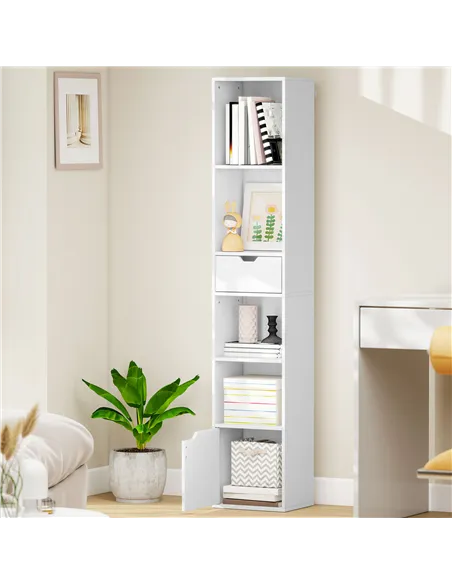 HOMCOM 6-Tier Bookcase, Tall Narrow Bookshelf with Drawer and Door - White