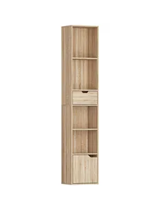 HOMCOM 6-Tier Bookcase, Tall Narrow Bookshelf with Drawer and Door - Natural Wood Finish