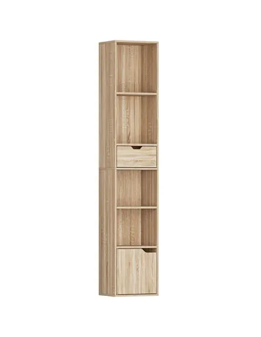 HOMCOM 6-Tier Bookcase, Tall Narrow Bookshelf with Drawer and Door - Natural Wood Finish