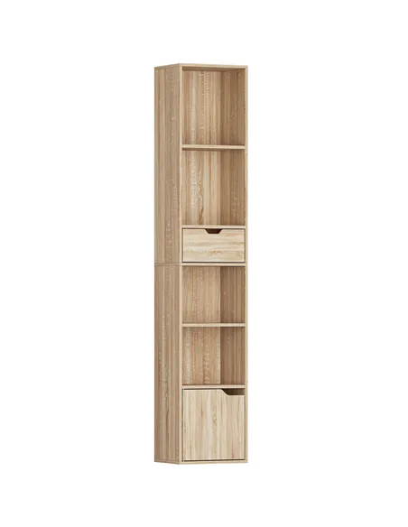 HOMCOM 6-Tier Bookcase, Tall Narrow Bookshelf with Drawer and Door - Natural Wood Finish