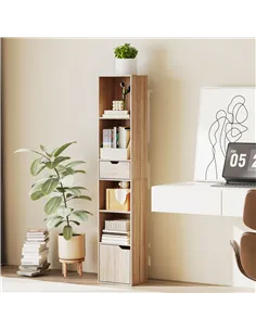 HOMCOM 6-Tier Bookcase, Tall Narrow Bookshelf with Drawer and Door - Natural Wood Finish 2