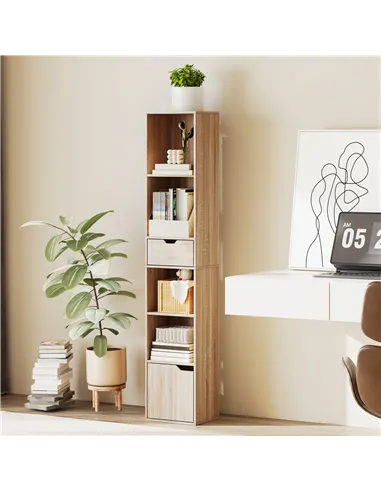 HOMCOM 6-Tier Bookcase, Tall Narrow Bookshelf with Drawer and Door - Natural Wood Finish