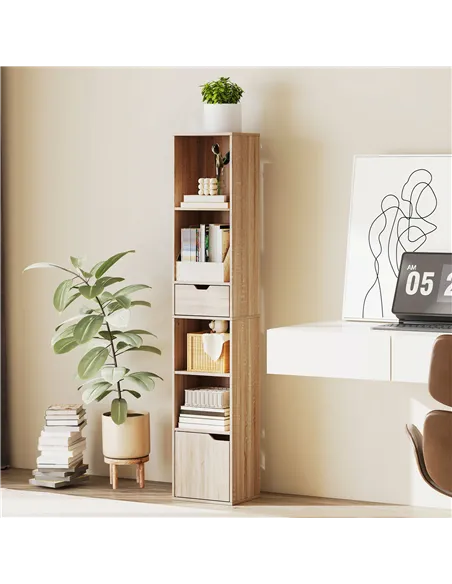 HOMCOM 6-Tier Bookcase, Tall Narrow Bookshelf with Drawer and Door - Natural Wood Finish