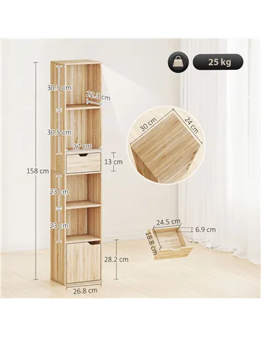 HOMCOM 6-Tier Bookcase, Tall Narrow Bookshelf with Drawer and Door - Natural Wood Finish