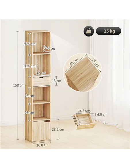HOMCOM 6-Tier Bookcase, Tall Narrow Bookshelf with Drawer and Door - Natural Wood Finish