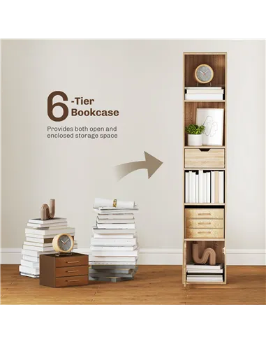 HOMCOM 6-Tier Bookcase, Tall Narrow Bookshelf with Drawer and Door - Natural Wood Finish
